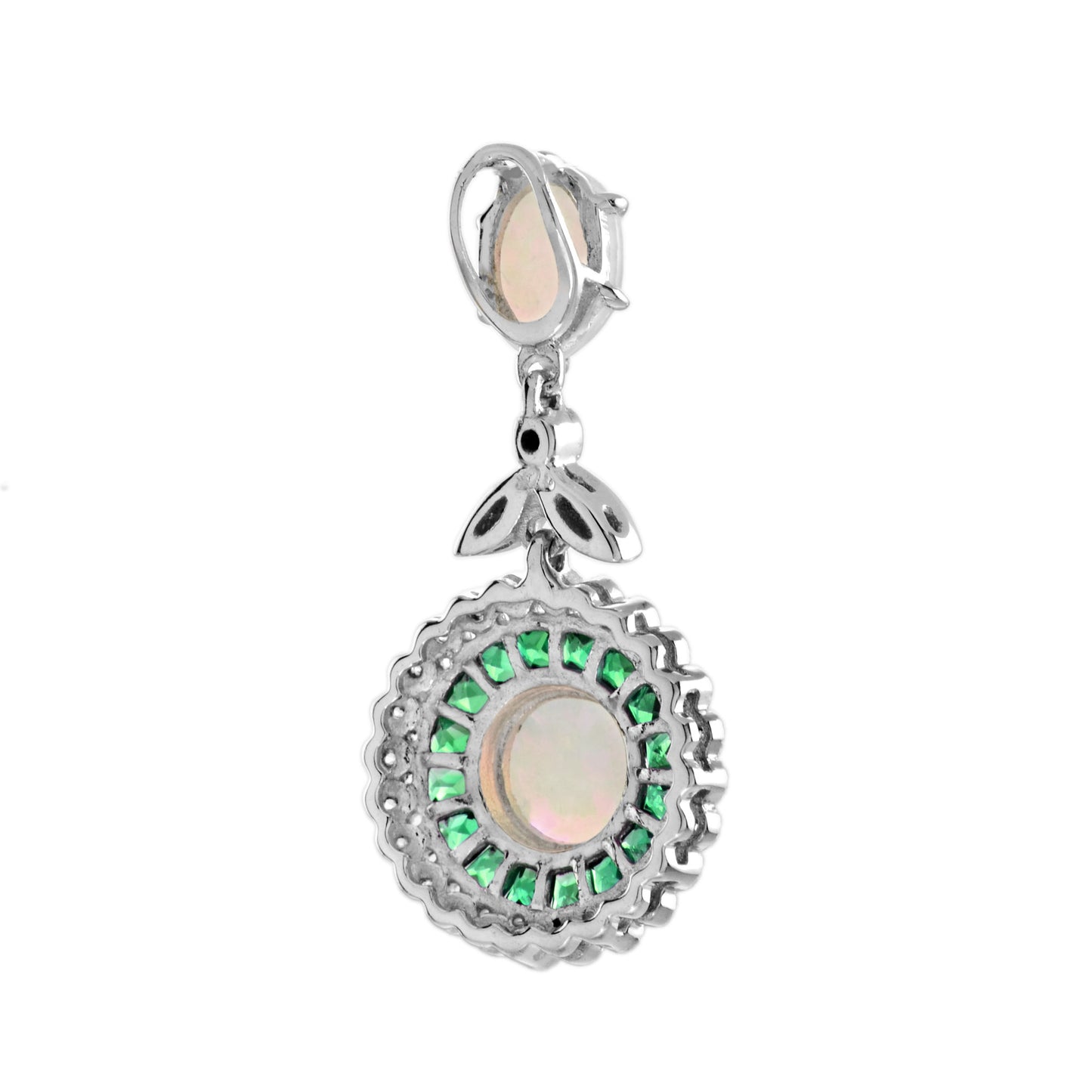 white opal & green emerald diamond halo art deco style 18k white gold pendant