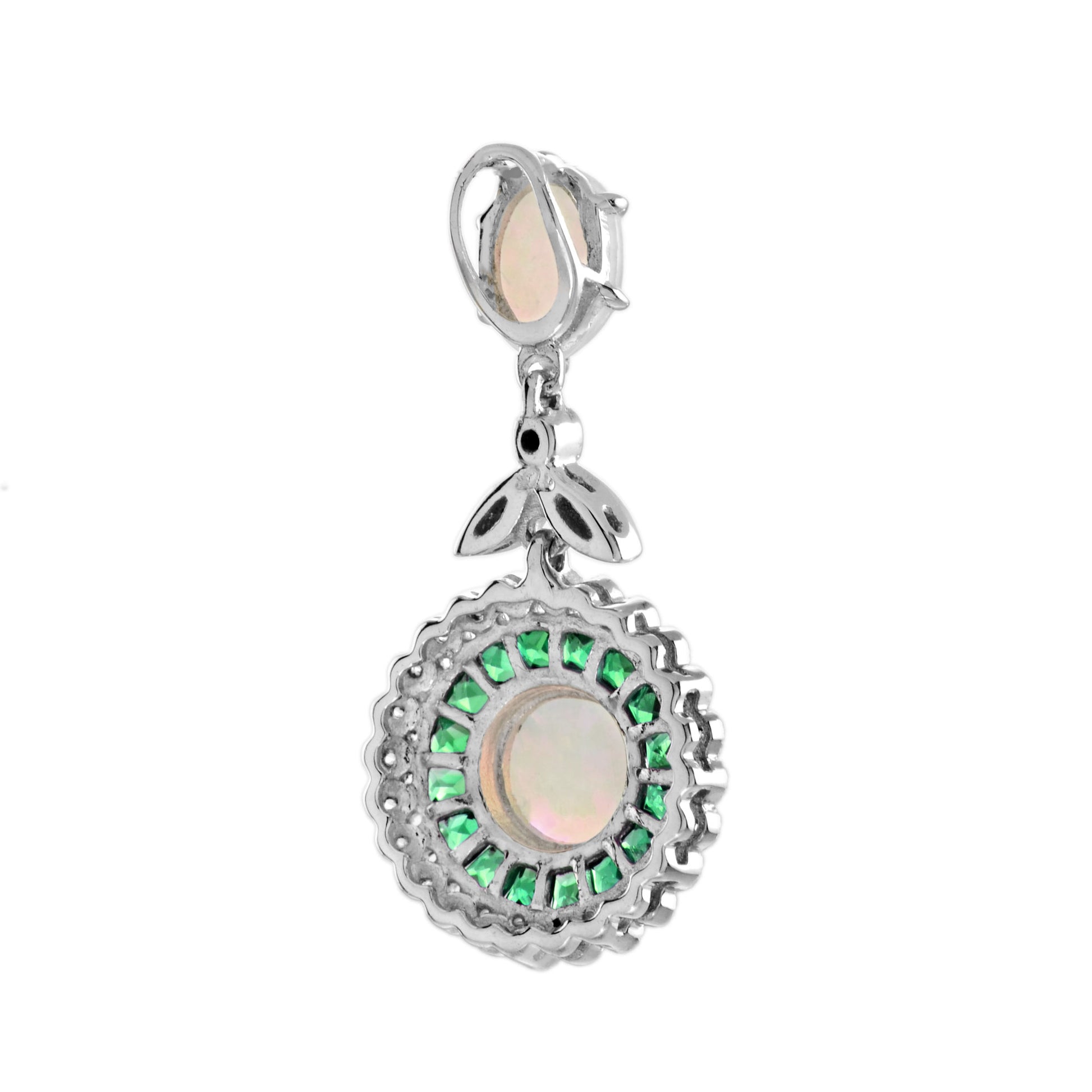 White Opal & Green Emerald Diamond Halo Art Deco Style 18K White Gold Pendant