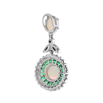 White Opal & Green Emerald Diamond Halo Art Deco Style 18K White Gold Pendant