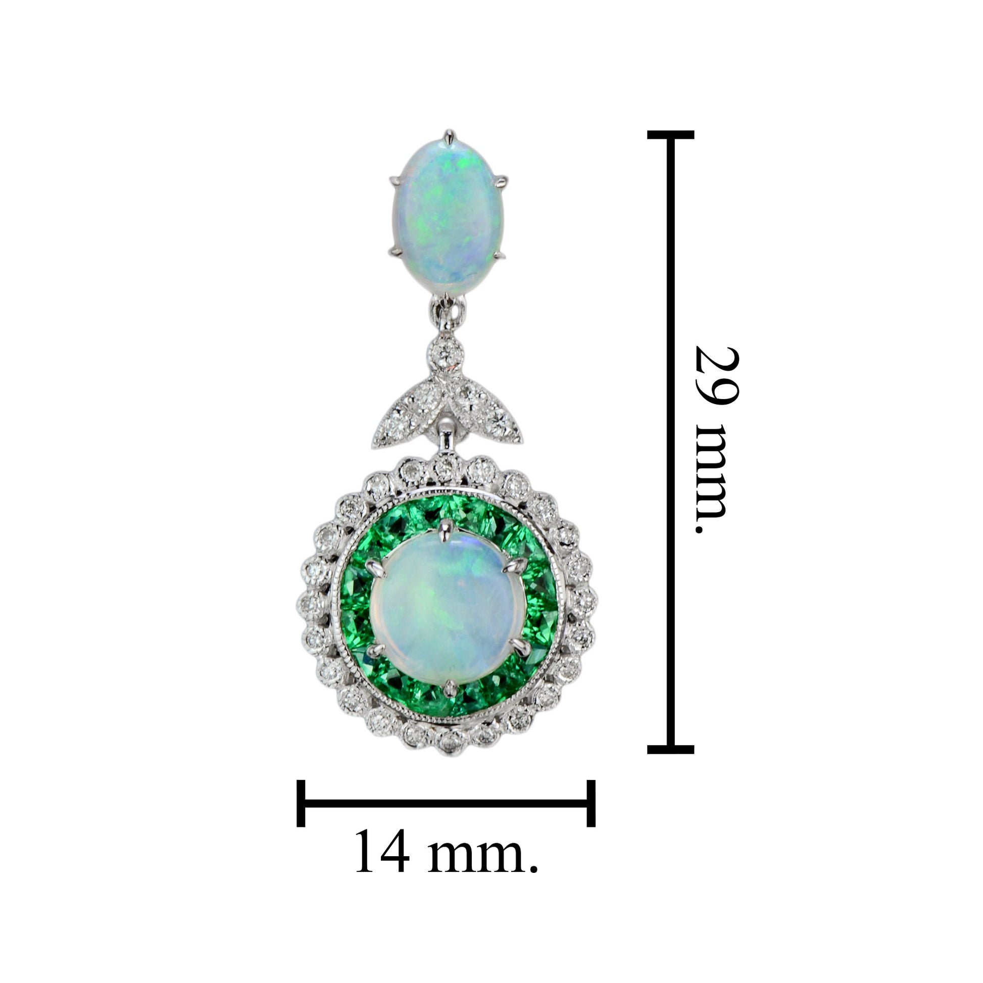 White Opal & Green Emerald Diamond Halo Art Deco Style 18K White Gold Pendant