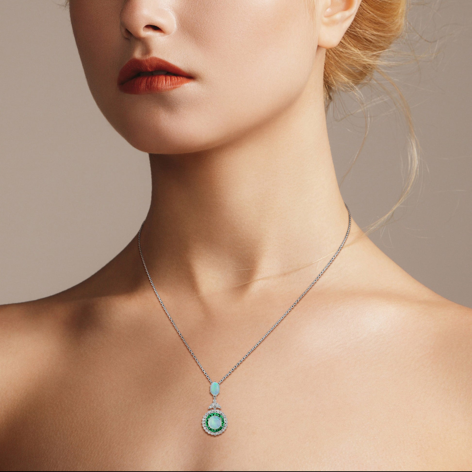 White Opal & Green Emerald Diamond Halo Art Deco Style 18K White Gold Pendant