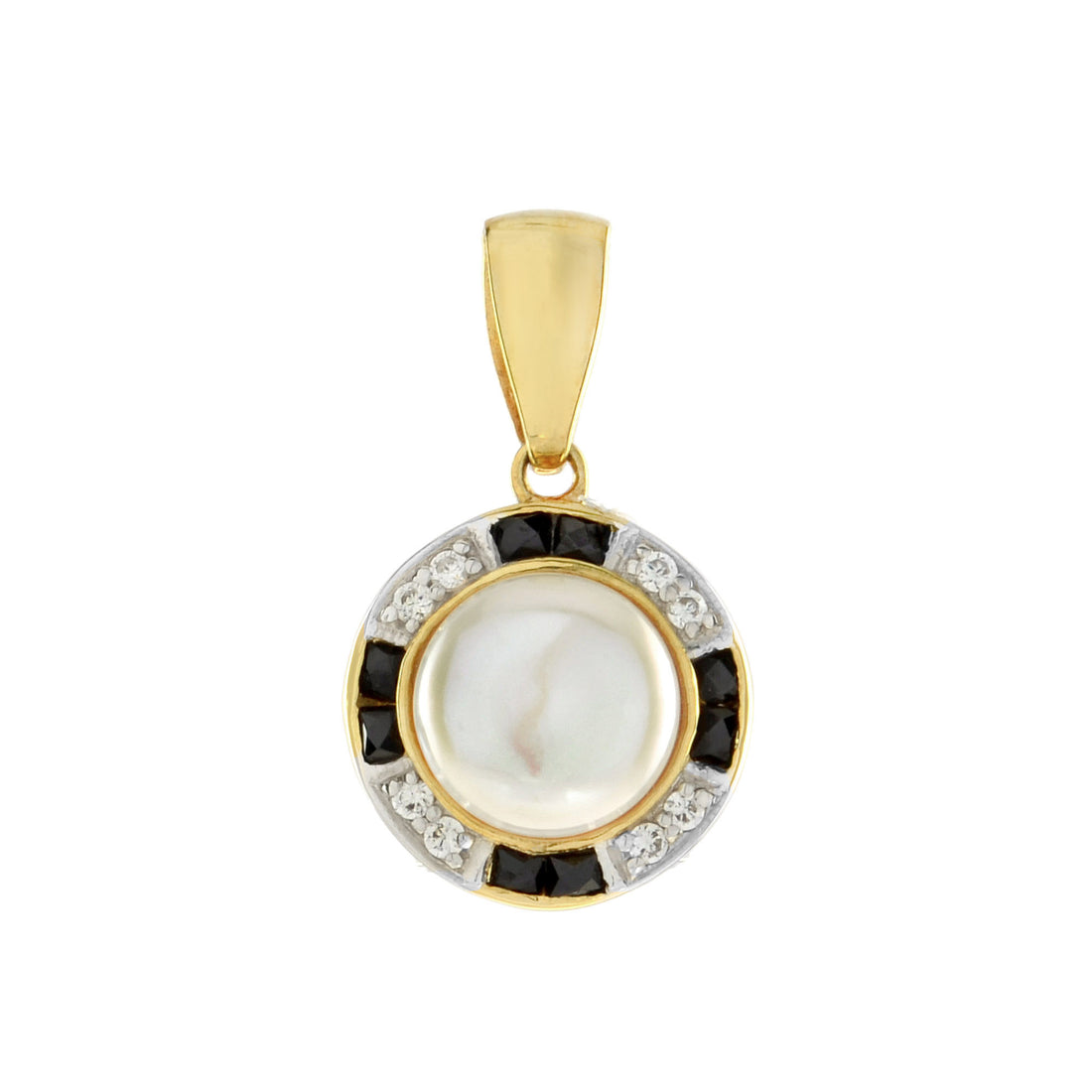 White Freshwater Pearl with Diamond &amp; Black Onyx Halo Set 14K Gold Pendant