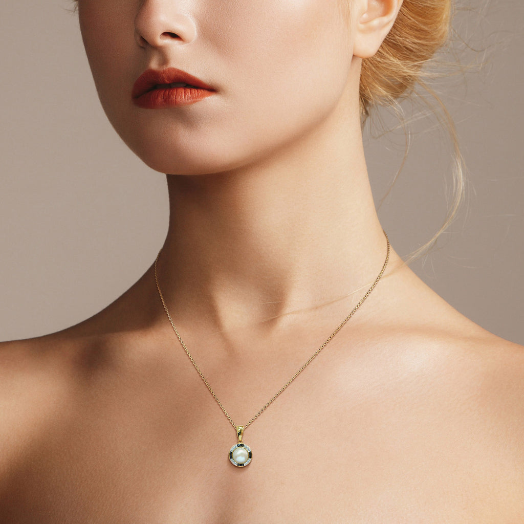 White Freshwater Pearl with Diamond & Black Onyx Halo Set 14K Gold Pendant