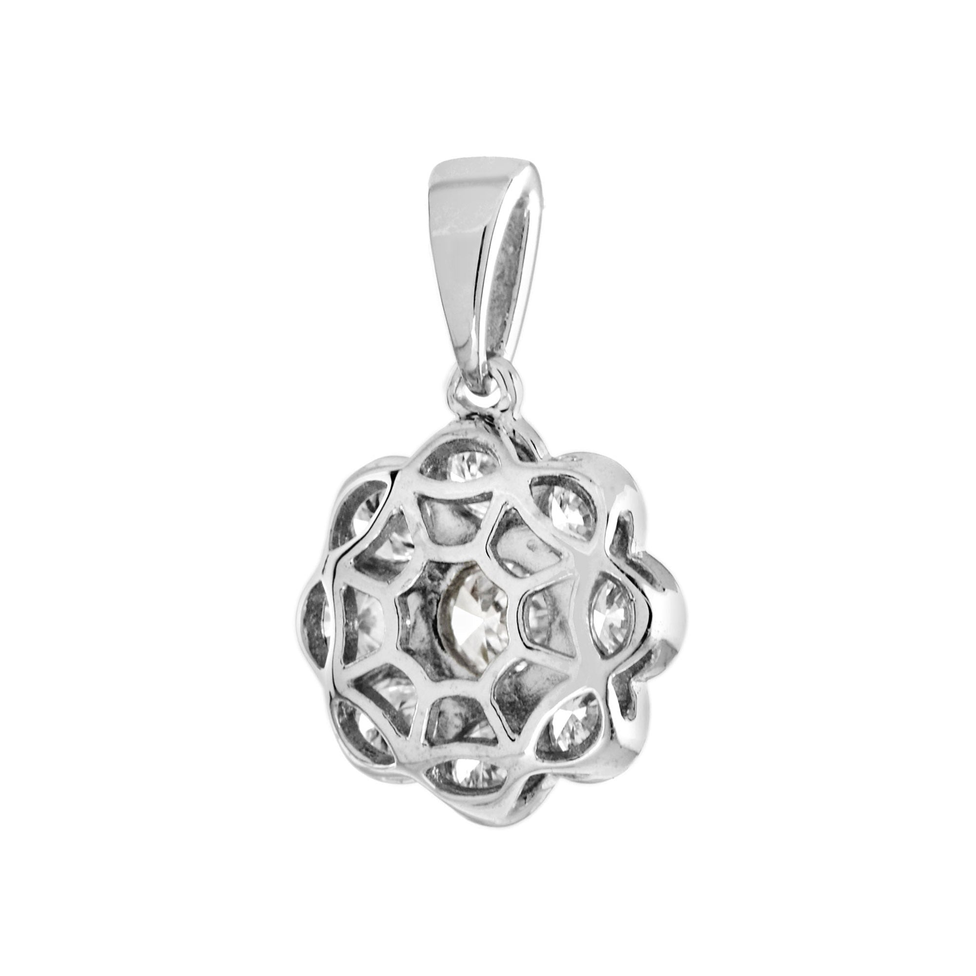 Diamond Edwardian Style Halo Set Floral Cluster 14K White Gold Pendant