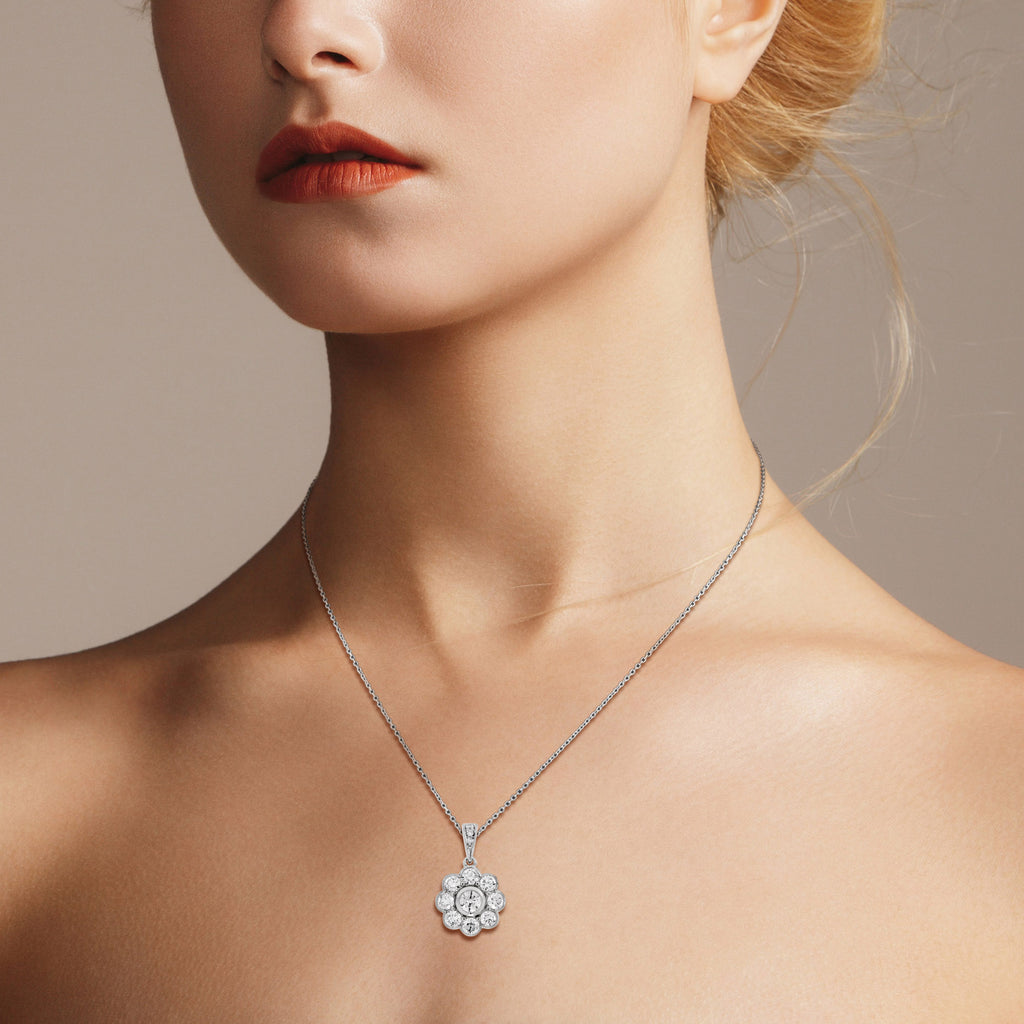 Diamond Edwardian Style Halo Set Floral Cluster 14K White Gold Pendant