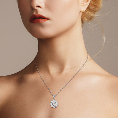 Diamond Edwardian Style Halo Set Floral Cluster 14K White Gold Pendant