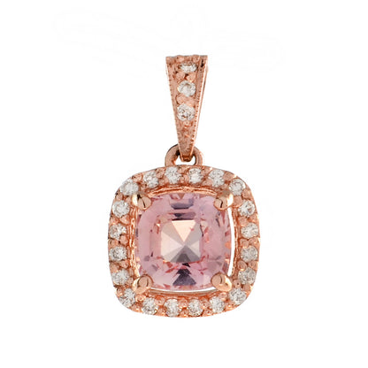 Cushion Peach Pink Morganite & Diamond Halo Set 14K Rose Gold Pendant