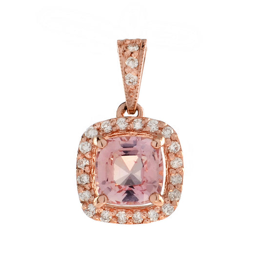 Cushion Peach Pink Morganite & Diamond Halo Set 14K Rose Gold Pendant