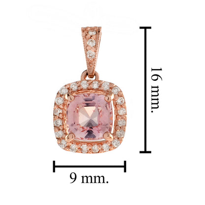 Cushion Peach Pink Morganite & Diamond Halo Set 14K Rose Gold Pendant