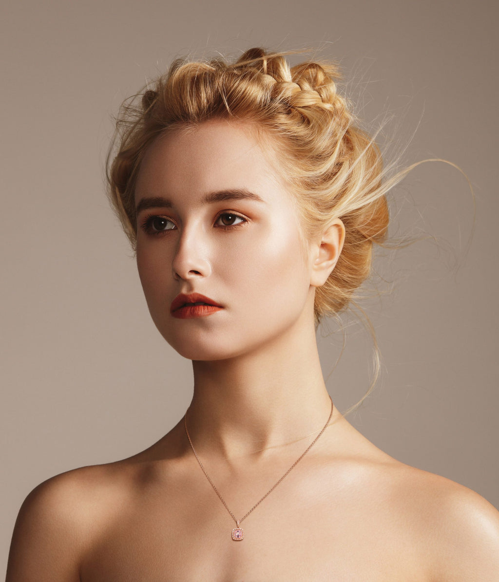 Cushion Peach Pink Morganite & Diamond Lover Ring Pendant Earrings Rose Gold Set