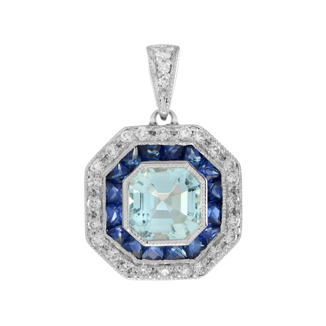 Art Deco Style Blue Aquamarine & Sapphire Diamond Octagon Halo White Pendant