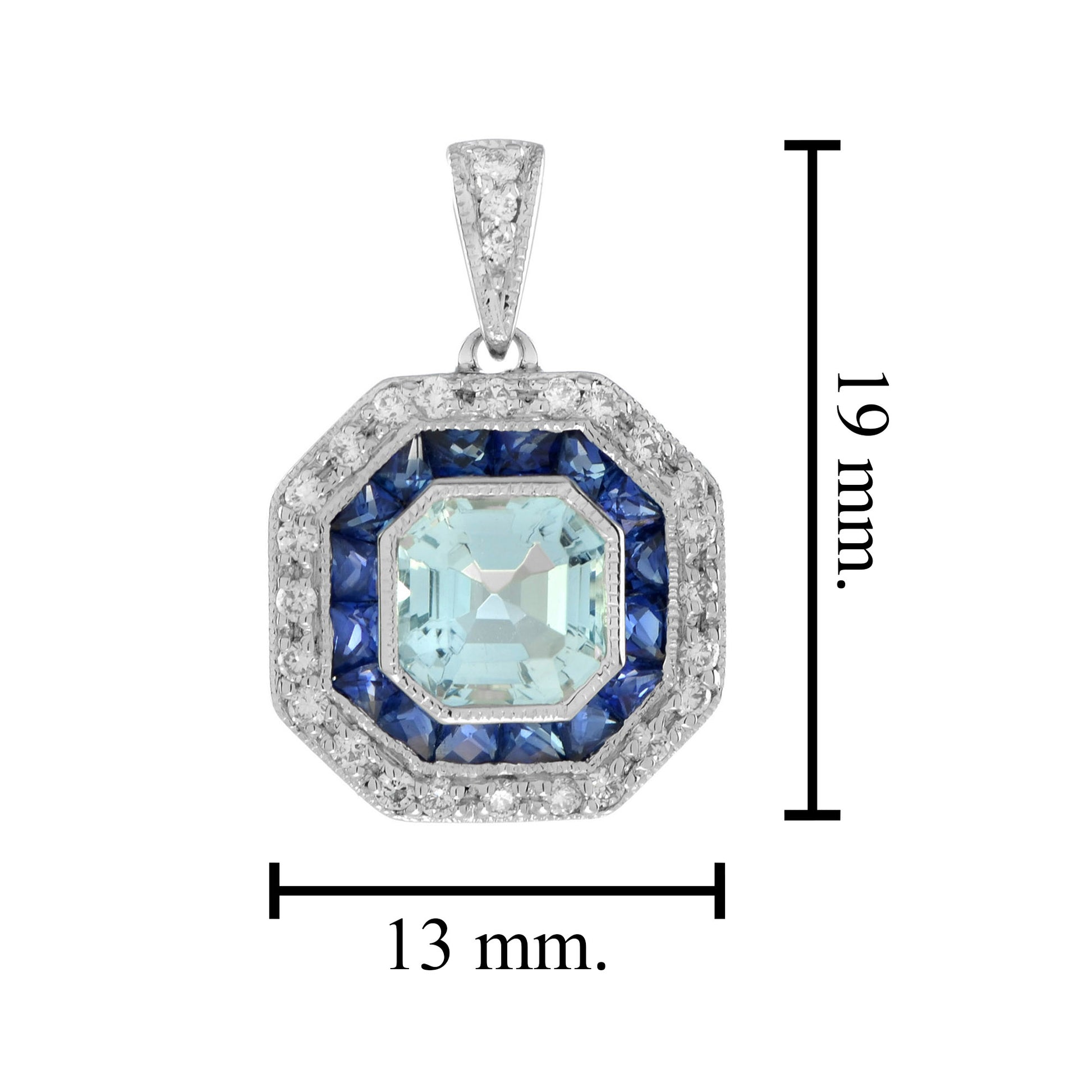 Art Deco Style Blue Aquamarine & Sapphire Diamond Octagon Halo White Pendant
