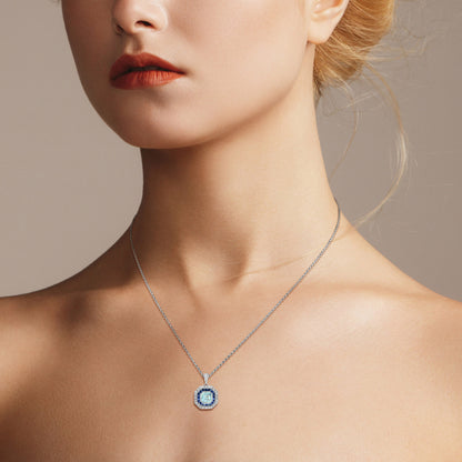 Art Deco Style Blue Aquamarine & Sapphire Diamond Octagon Halo White Pendant