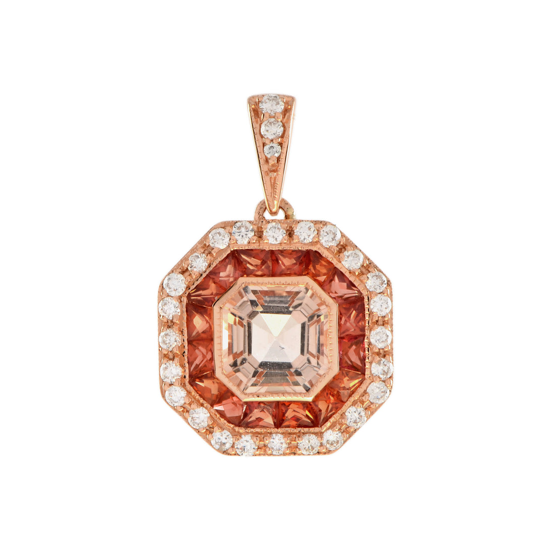 Asscher Morganite Orange Sapphire Diamond Art Deco Style Octagon Gold Pendant