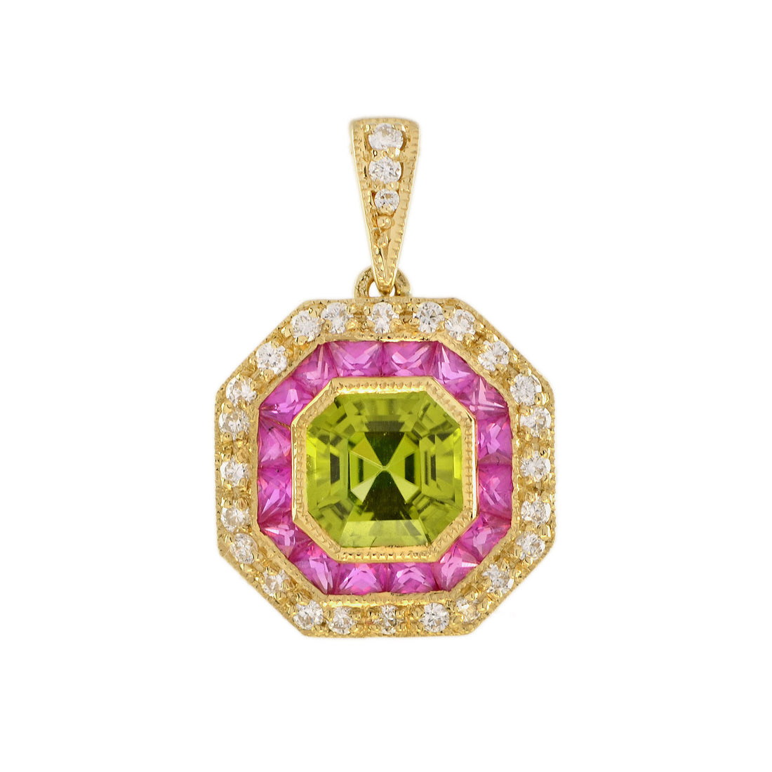 Asscher Green Peridot & Pink Ruby and Diamond Halo Art Deco Style Gold Pendant