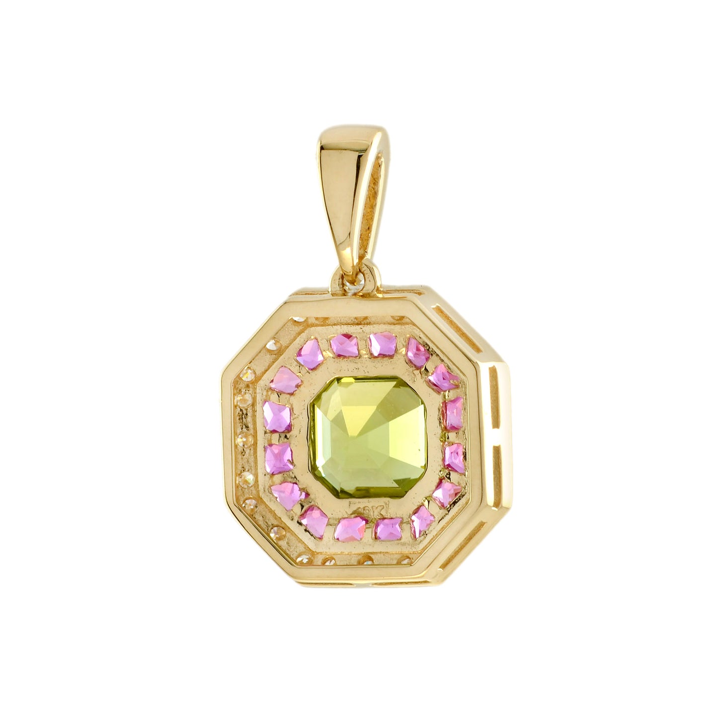 asscher green peridot & pink ruby and diamond halo art deco style gold pendant