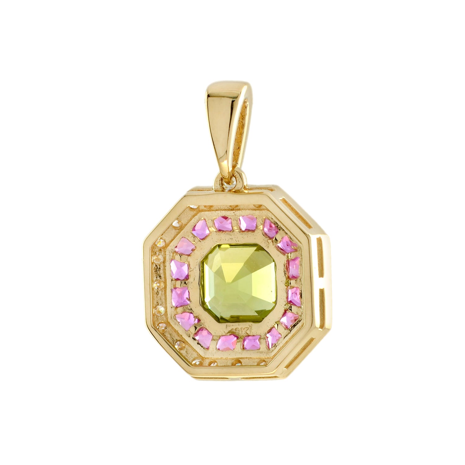Asscher Green Peridot &amp; Pink Ruby and Diamond Halo Art Deco Style Gold Pendant