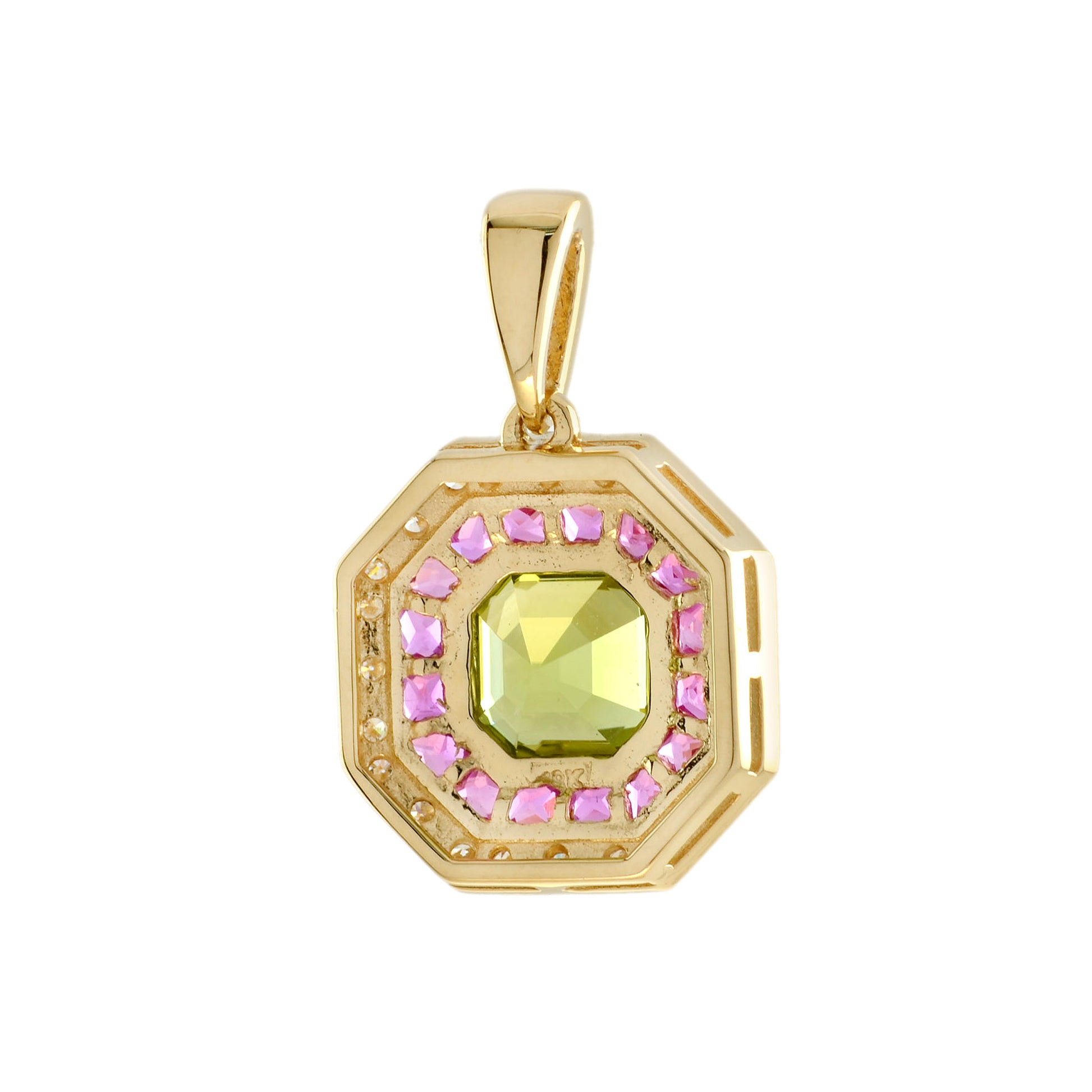 Asscher Green Peridot & Pink Ruby and Diamond Halo Art Deco Style Gold Pendant