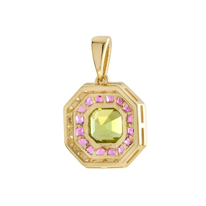 Asscher Green Peridot & Pink Ruby and Diamond Halo Art Deco Style Gold Pendant