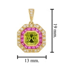 Asscher Green Peridot & Pink Ruby and Diamond Halo Art Deco Style Gold Pendant