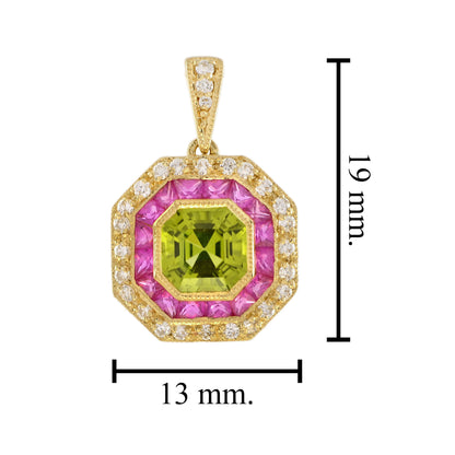 Asscher Green Peridot & Pink Ruby and Diamond Halo Art Deco Style Gold Pendant