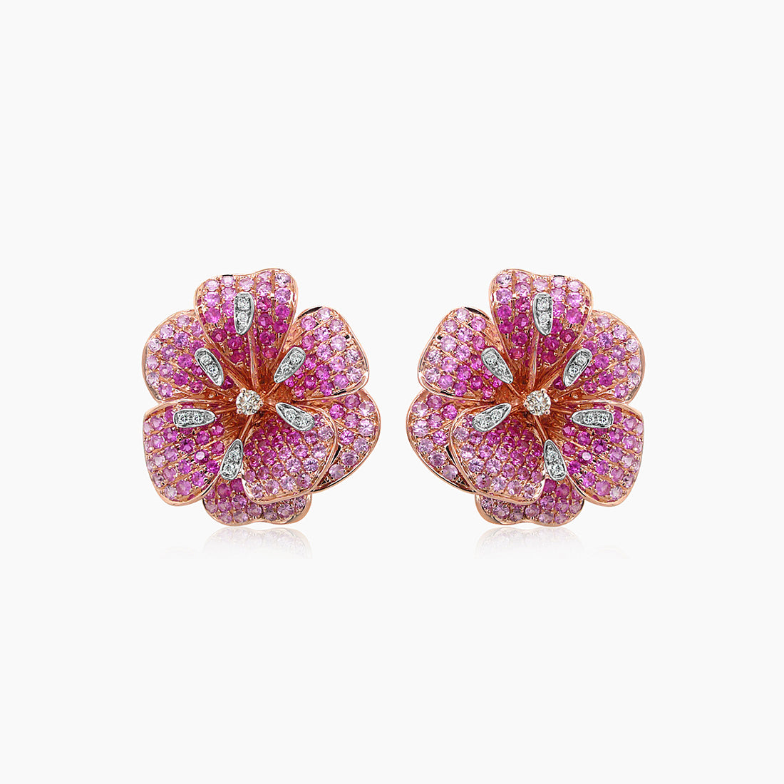 Pink Sapphire & White & Fancy Diamond Lilly Flower 18K Rose Gold Flower Earrings