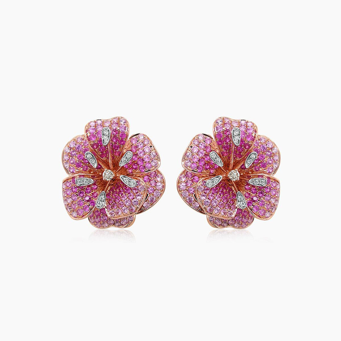 Pink Sapphire &amp; White &amp; Fancy Diamond Lilly Flower 18K Rose Gold Flower Earrings