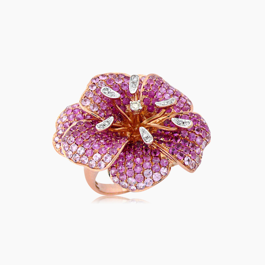 Pink Sapphire & White & Fancy Diamond Lilly Flower Flower 18K Rose Gold Ring