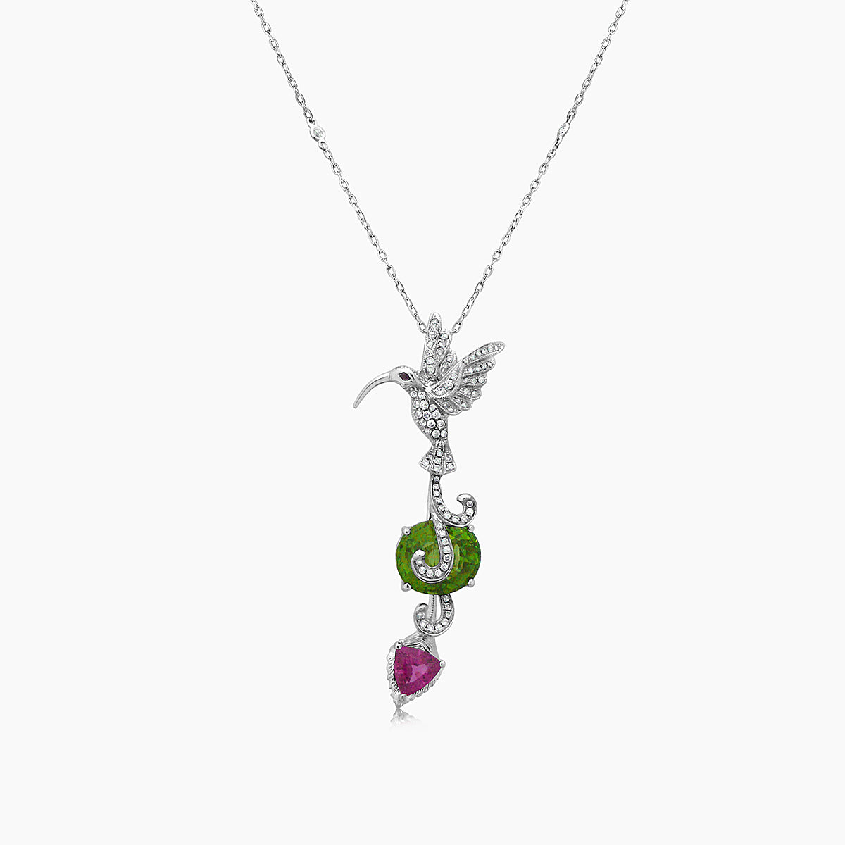 Green Peridot &amp; Tourmaline Diamond Pave Hummingbird White Gold Pendant Necklace