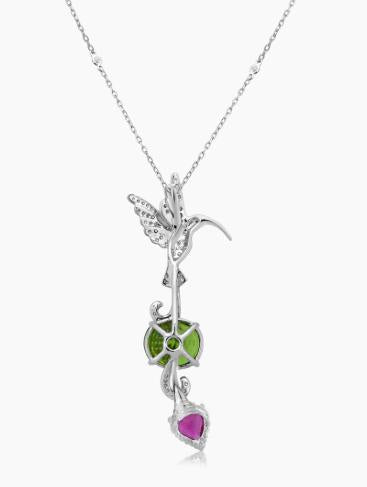 Green Peridot &amp; Tourmaline Diamond Pave Hummingbird White Gold Pendant Necklace