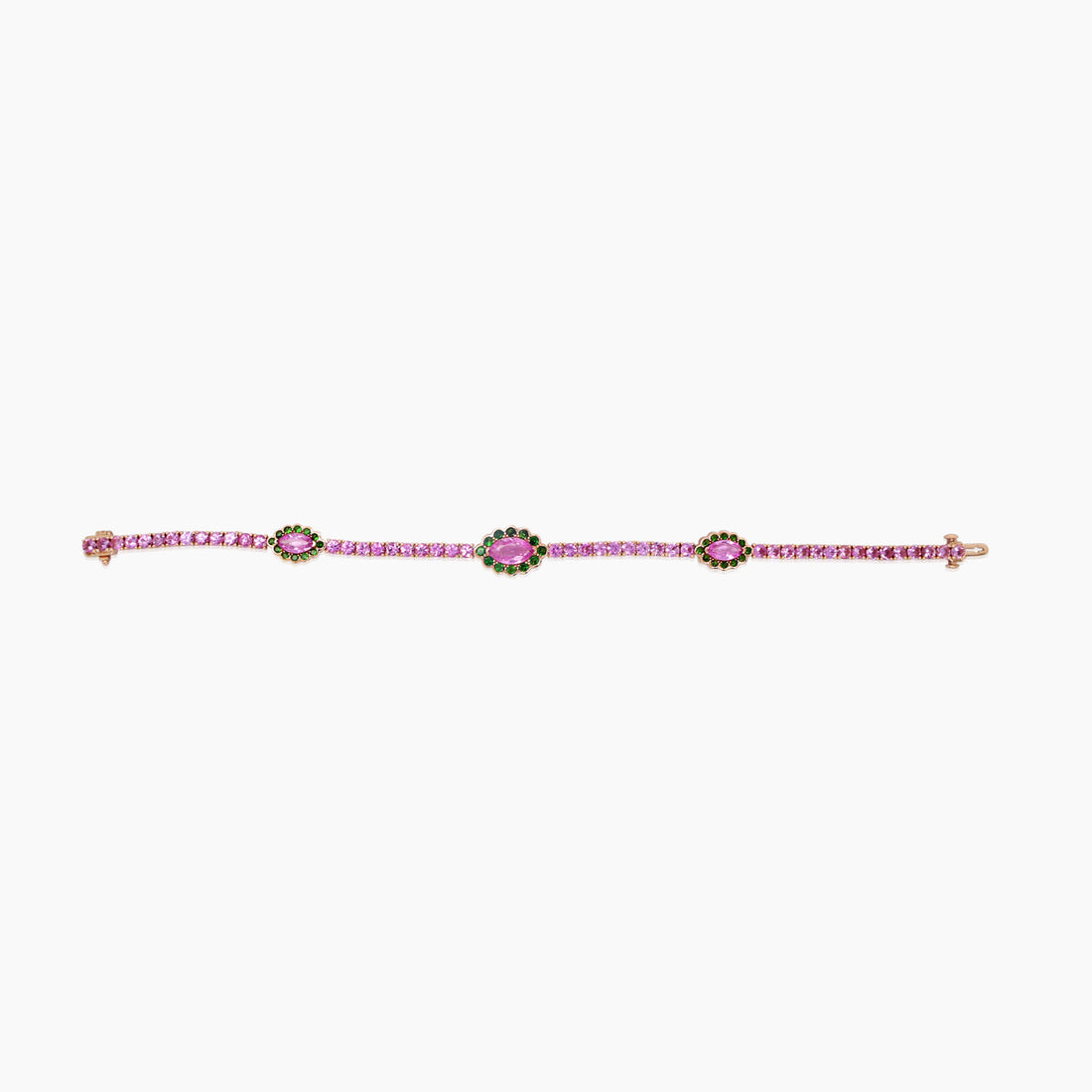 Pink Sapphire & Green Garnet & White Pearl 18K Gold Tennis Line Bracelet