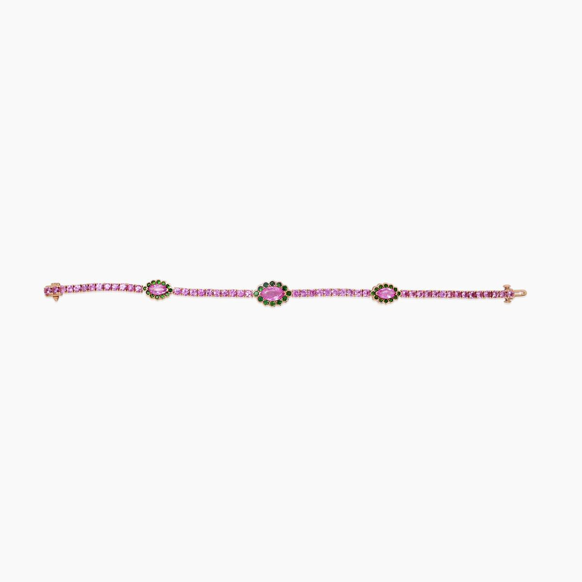 pink sapphire & green garnet & white pearl 18k gold tennis line bracelet