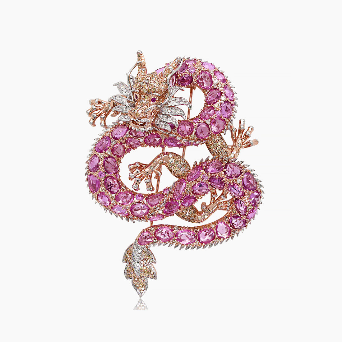 Fantasy Dragon Diamond Pave & Pink Sapphire Rose & White Gold Animal Pin Brooch
