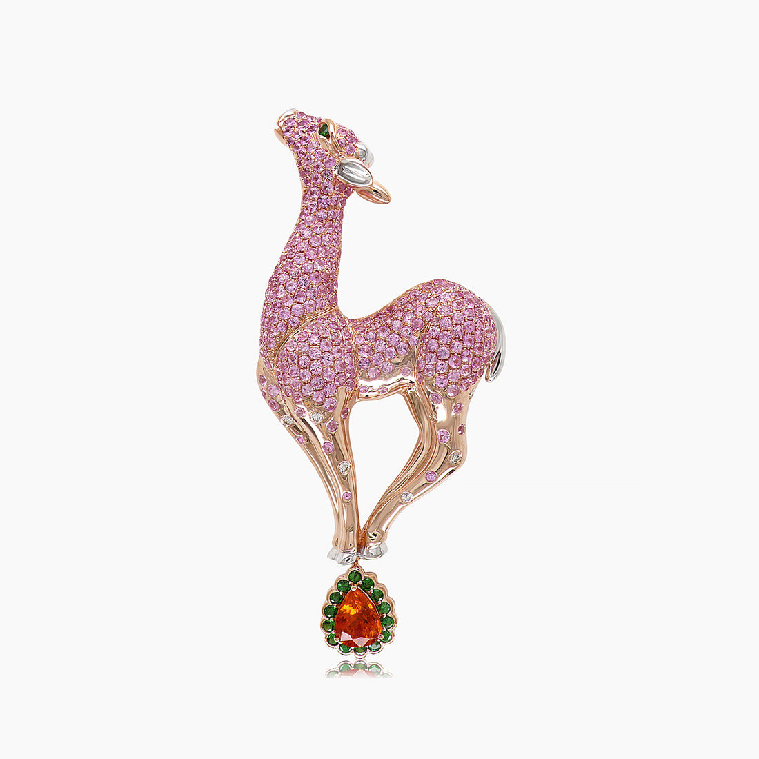 Pink Sapphire Pave & Antelope Deer 18K Rose Gold Statement Animal Pin Brooch