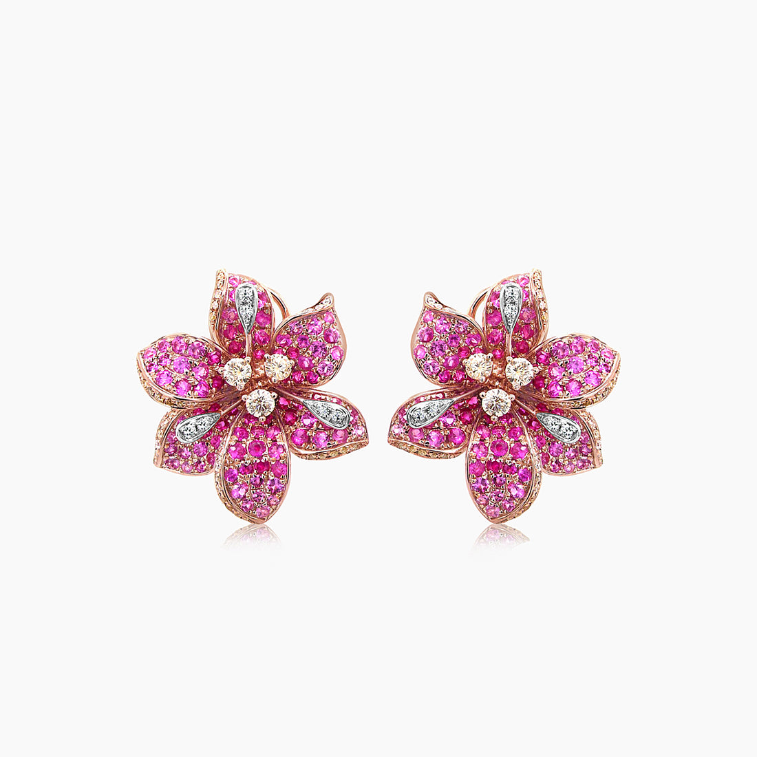 Pink Sapphire & Fancy & White Diamond Lilly Flower Floral 18K Rose Gold Earrings