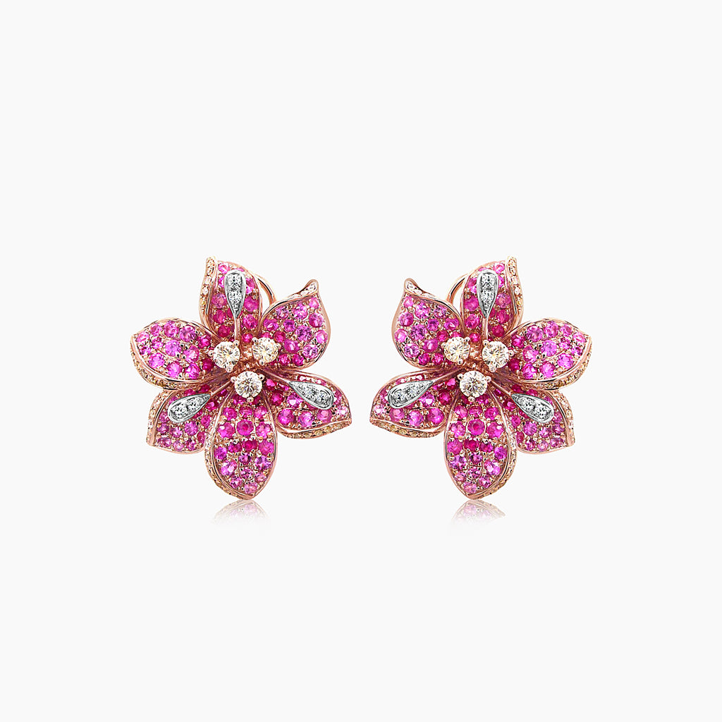 Pink Sapphire & Fancy & White Diamond Lilly Flower Floral 18K Rose Gold Earrings