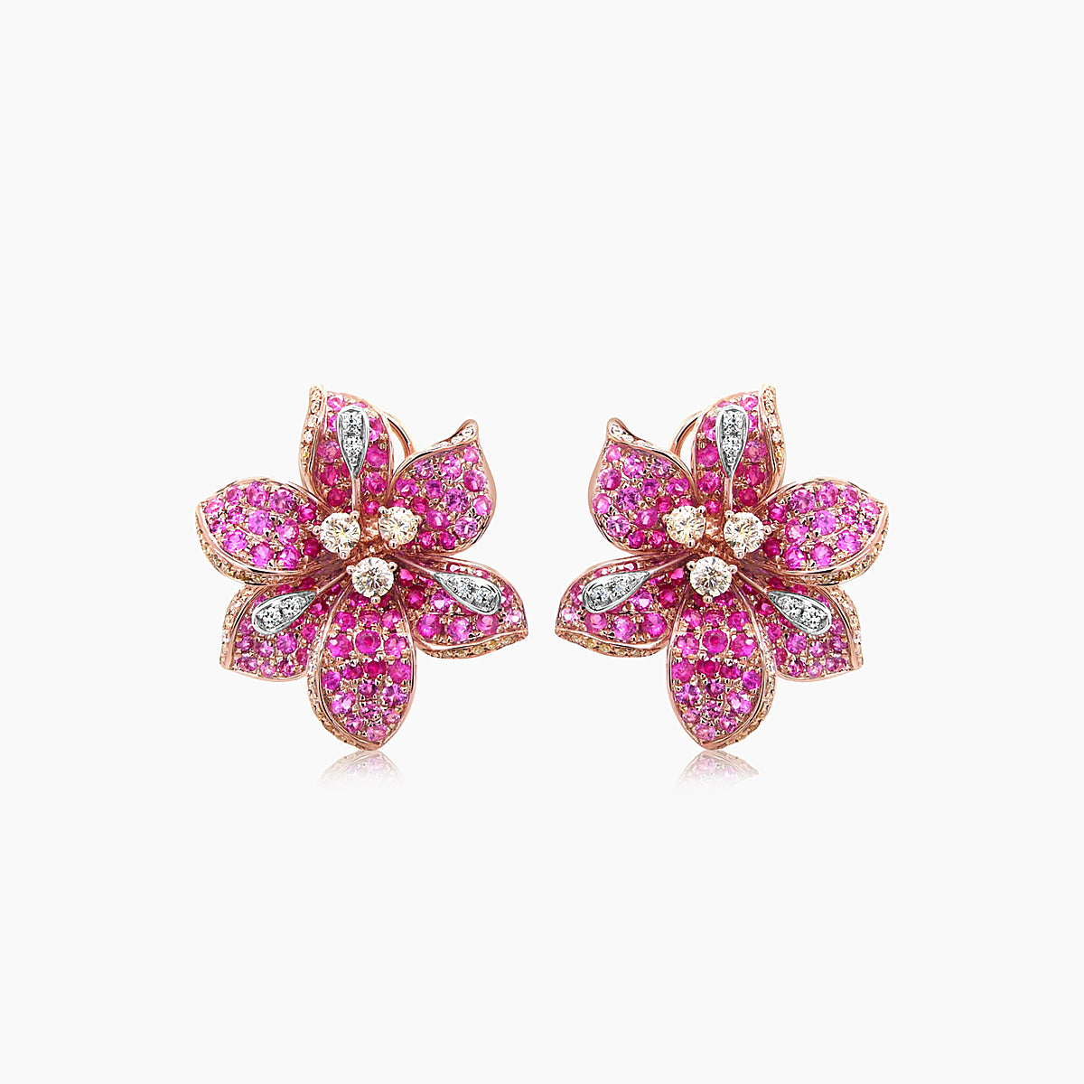 Pink Sapphire & Fancy & White Diamond Lilly Flower Floral 18K Rose Gold Earrings