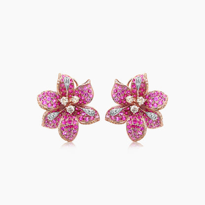 Pink Sapphire & Fancy & White Diamond Lilly Flower Floral 18K Rose Gold Earrings