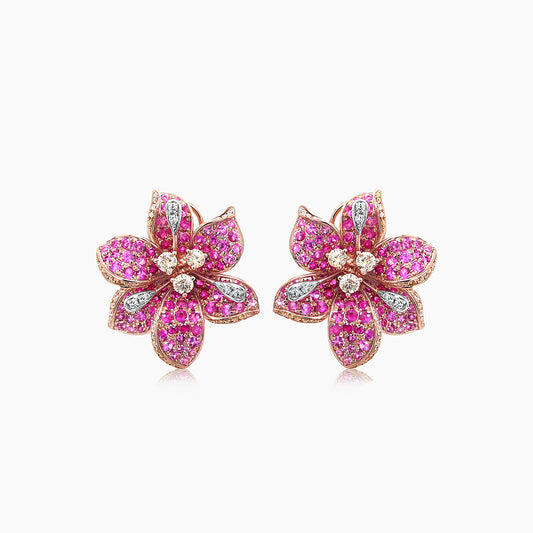 Pink Sapphire & Fancy & White Diamond Lilly Flower Floral 18K Rose Gold Earrings