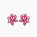 Pink Sapphire & Fancy & White Diamond Lilly Flower Floral 18K Rose Gold Earrings