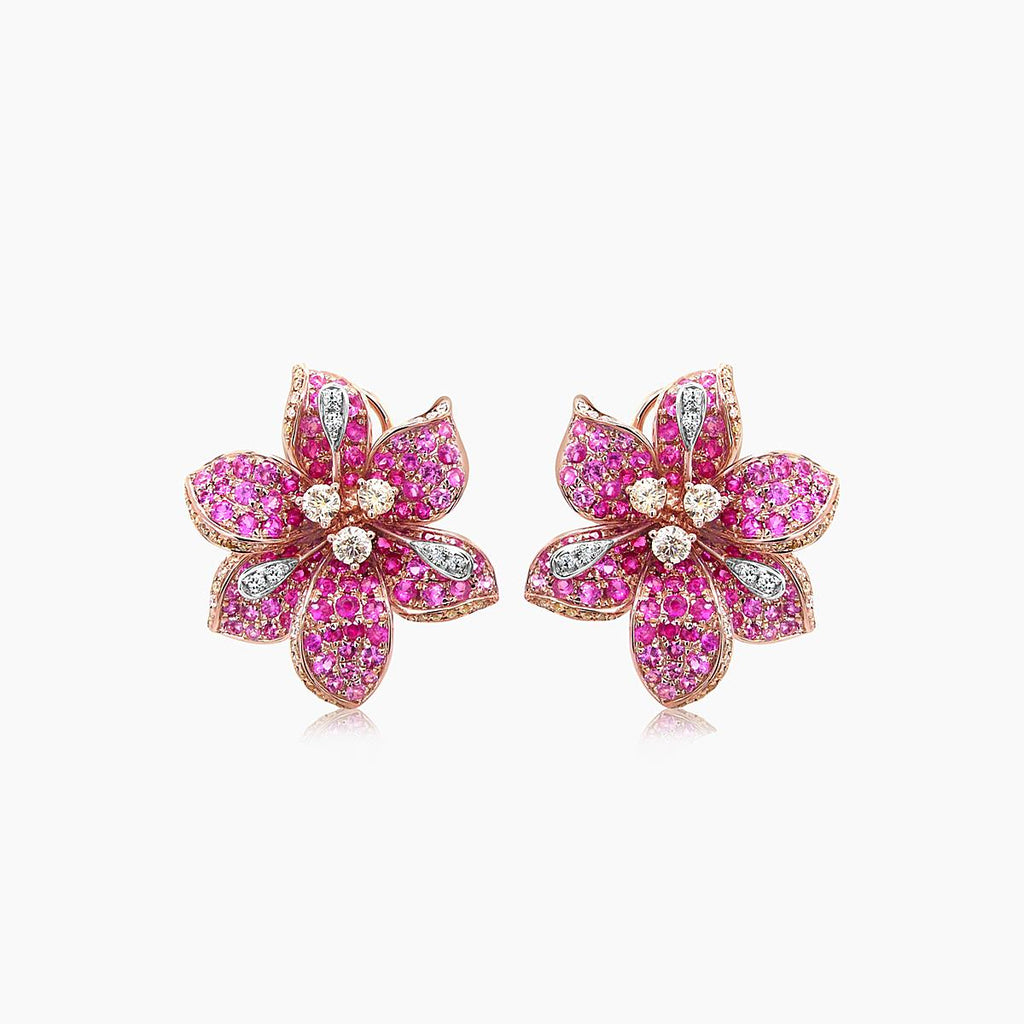 Pink Sapphire & Fancy & White Diamond Lilly Flower Floral 18K Rose Gold Earrings