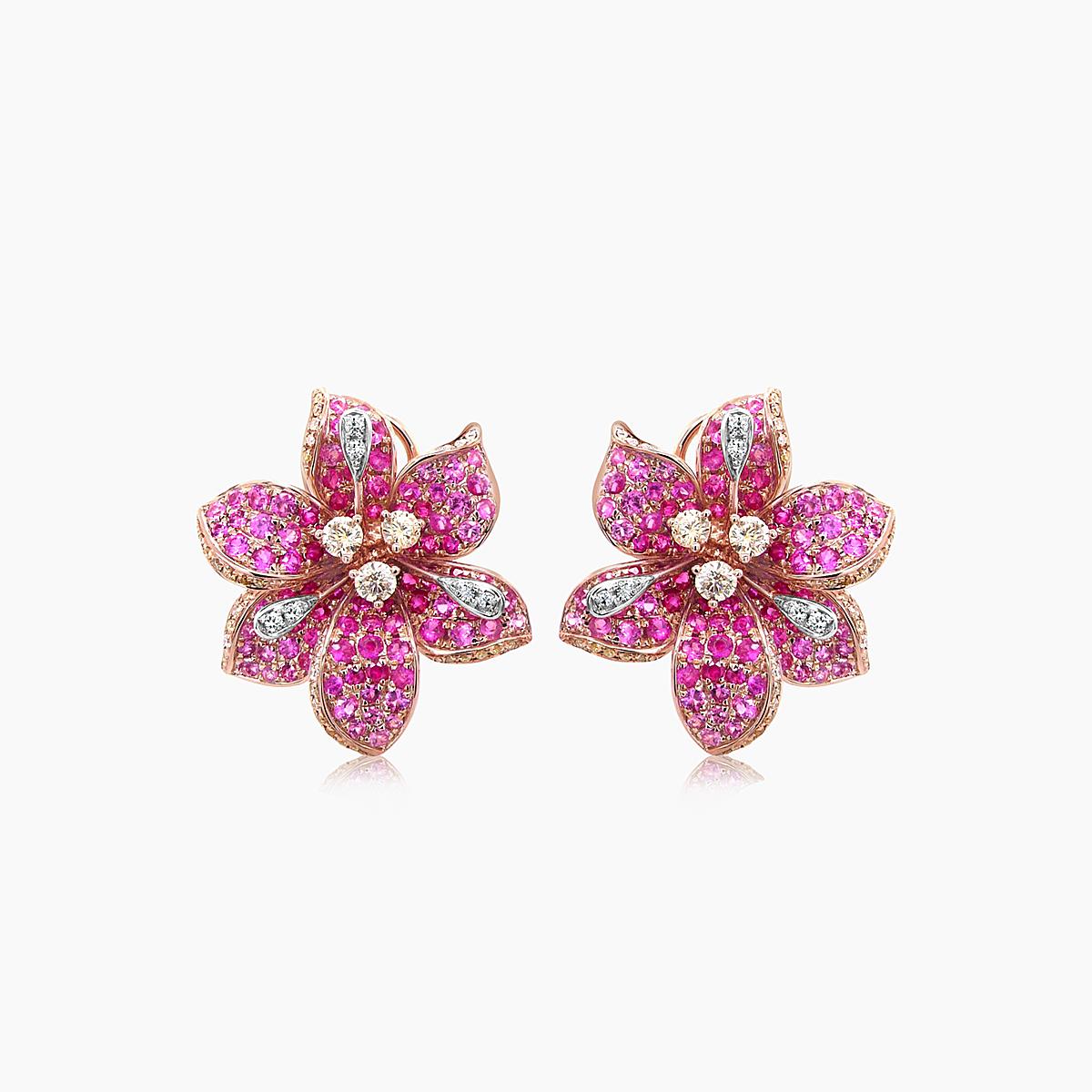 Pink Sapphire & Fancy & White Diamond Lilly Flower Floral 18K Rose Gold Earrings