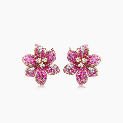 Pink Sapphire & Fancy & White Diamond Lilly Flower Floral 18K Rose Gold Earrings