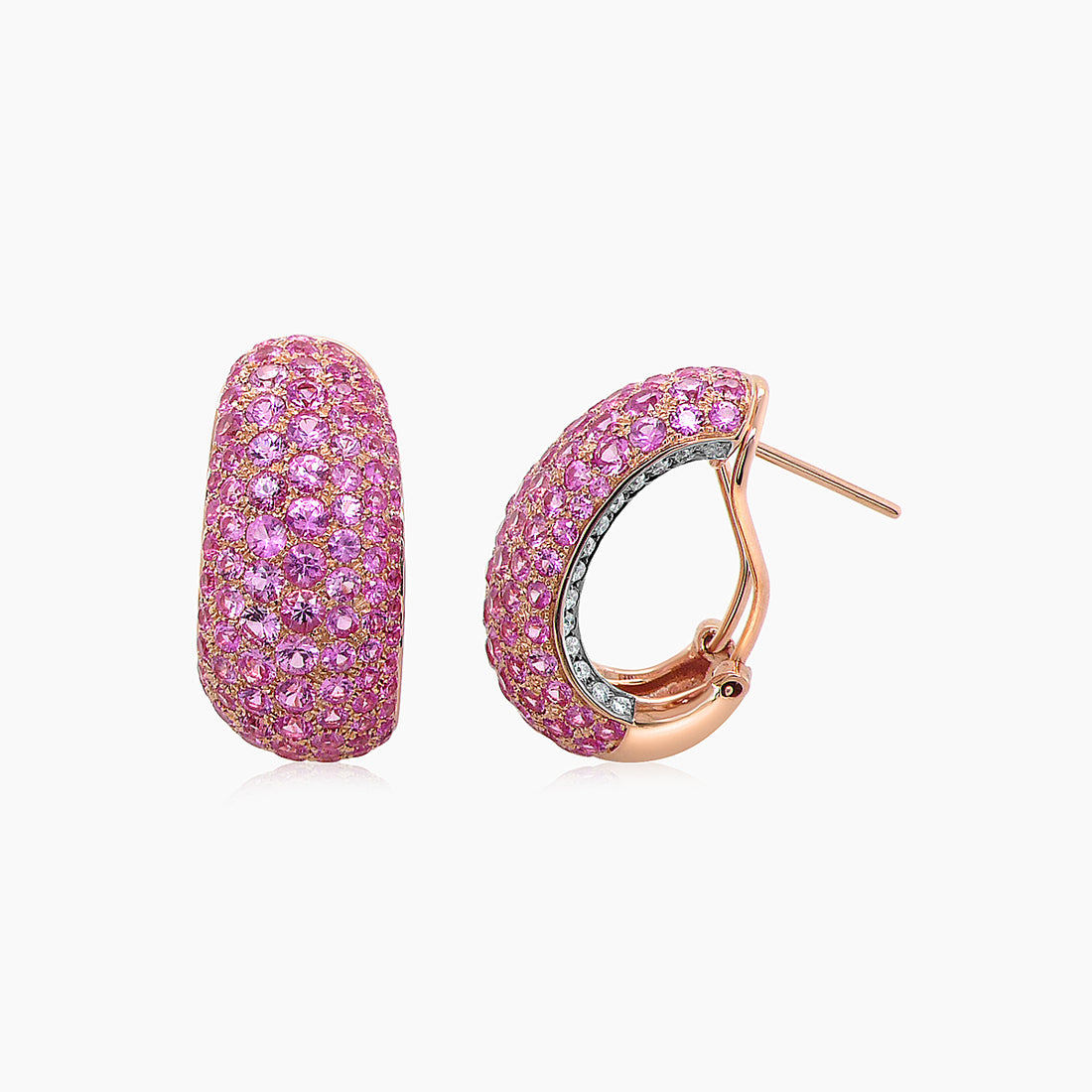 Pink Sapphire Pave & White Diamond 18K Rose Gold Pave Huggie Earrings