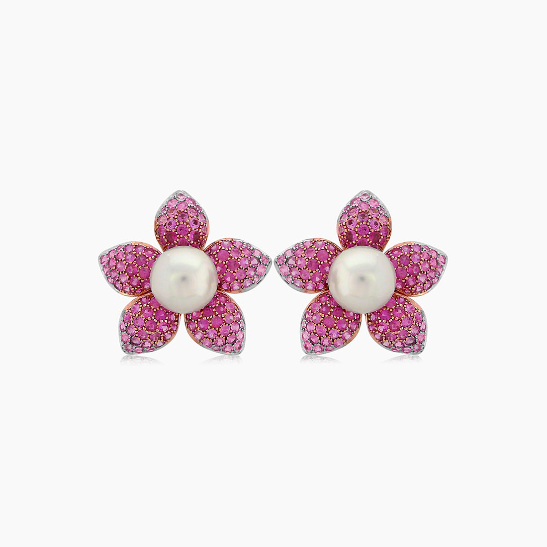 South Sea White Pearl &amp; Pink Sapphire Pave Set 18K Rose Gold Earrings