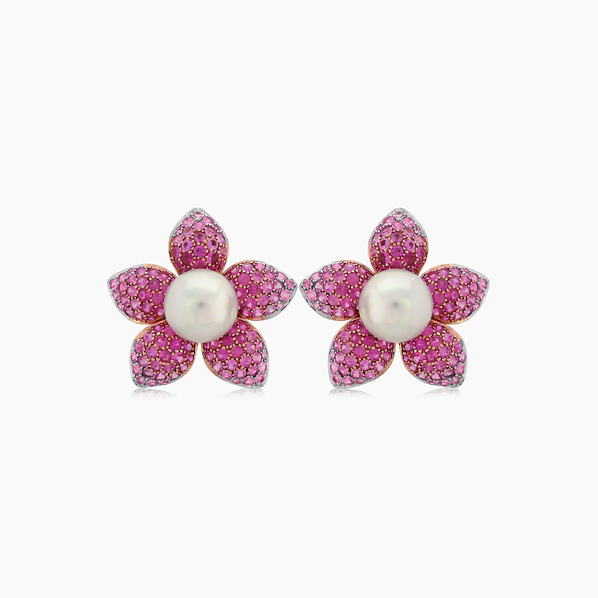South Sea White Pearl & Pink Sapphire Pave Set 18K Rose Gold Earrings