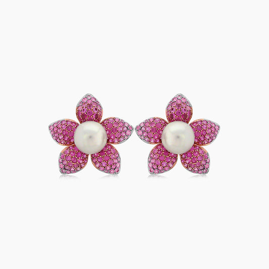 South Sea White Pearl & Pink Sapphire Pave Set 18K Rose Gold Earrings
