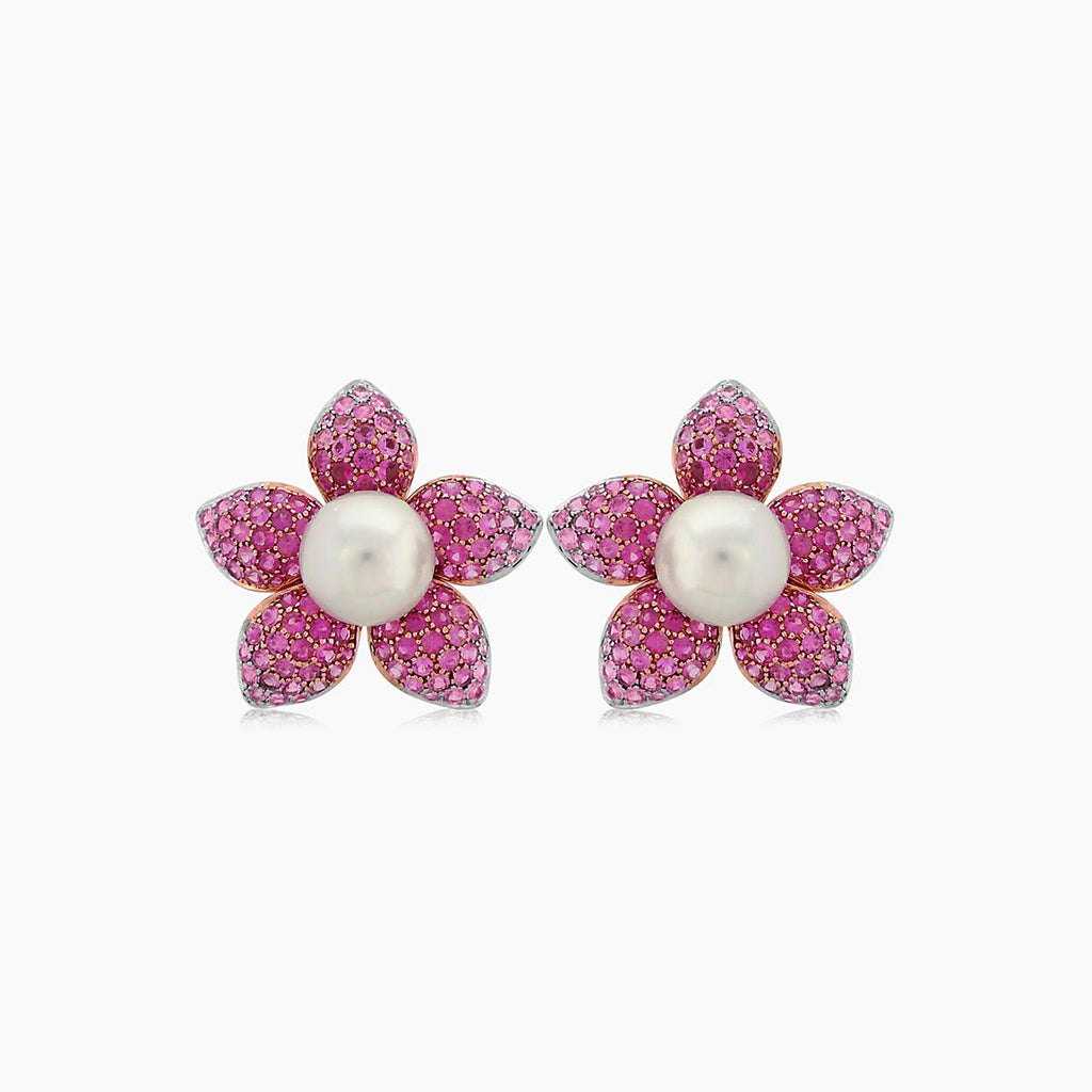 South Sea White Pearl & Pink Sapphire Pave Set 18K Rose Gold Earrings