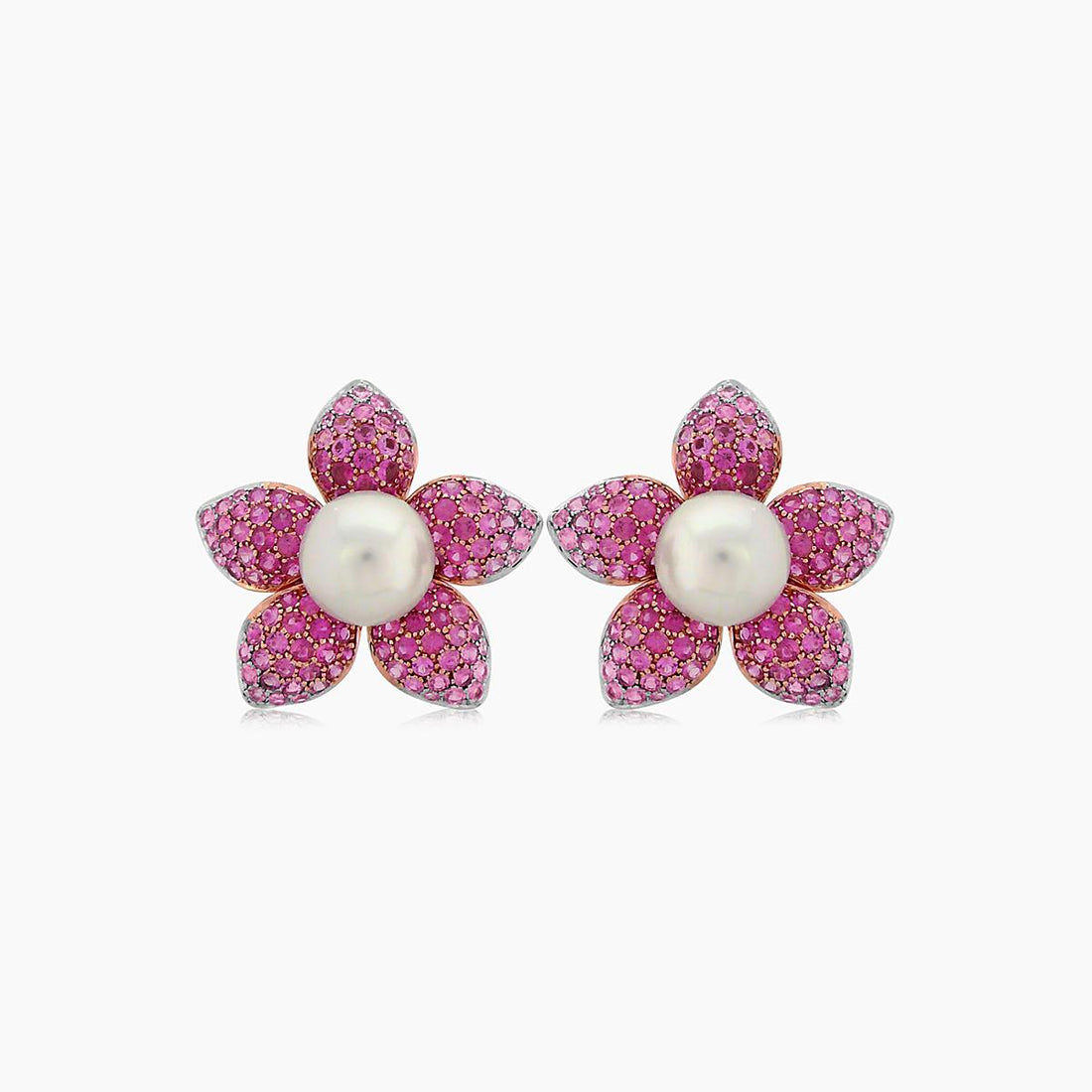 South Sea White Pearl &amp; Pink Sapphire Pave Set 18K Rose Gold Earrings