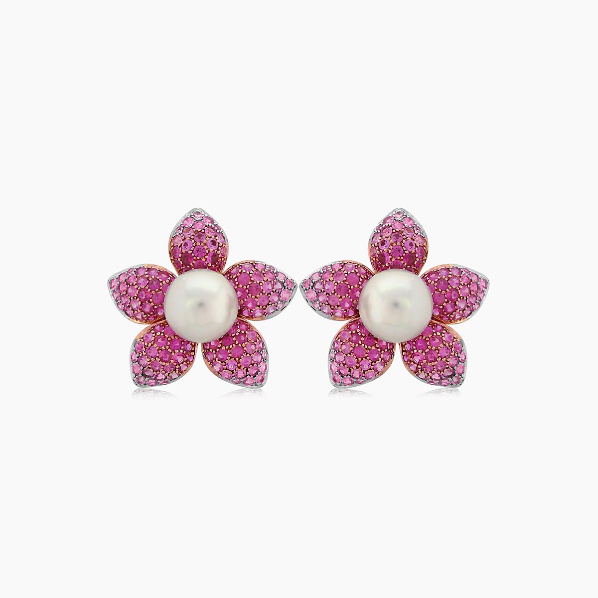 South Sea White Pearl & Pink Sapphire Pave Set 18K Rose Gold Earrings